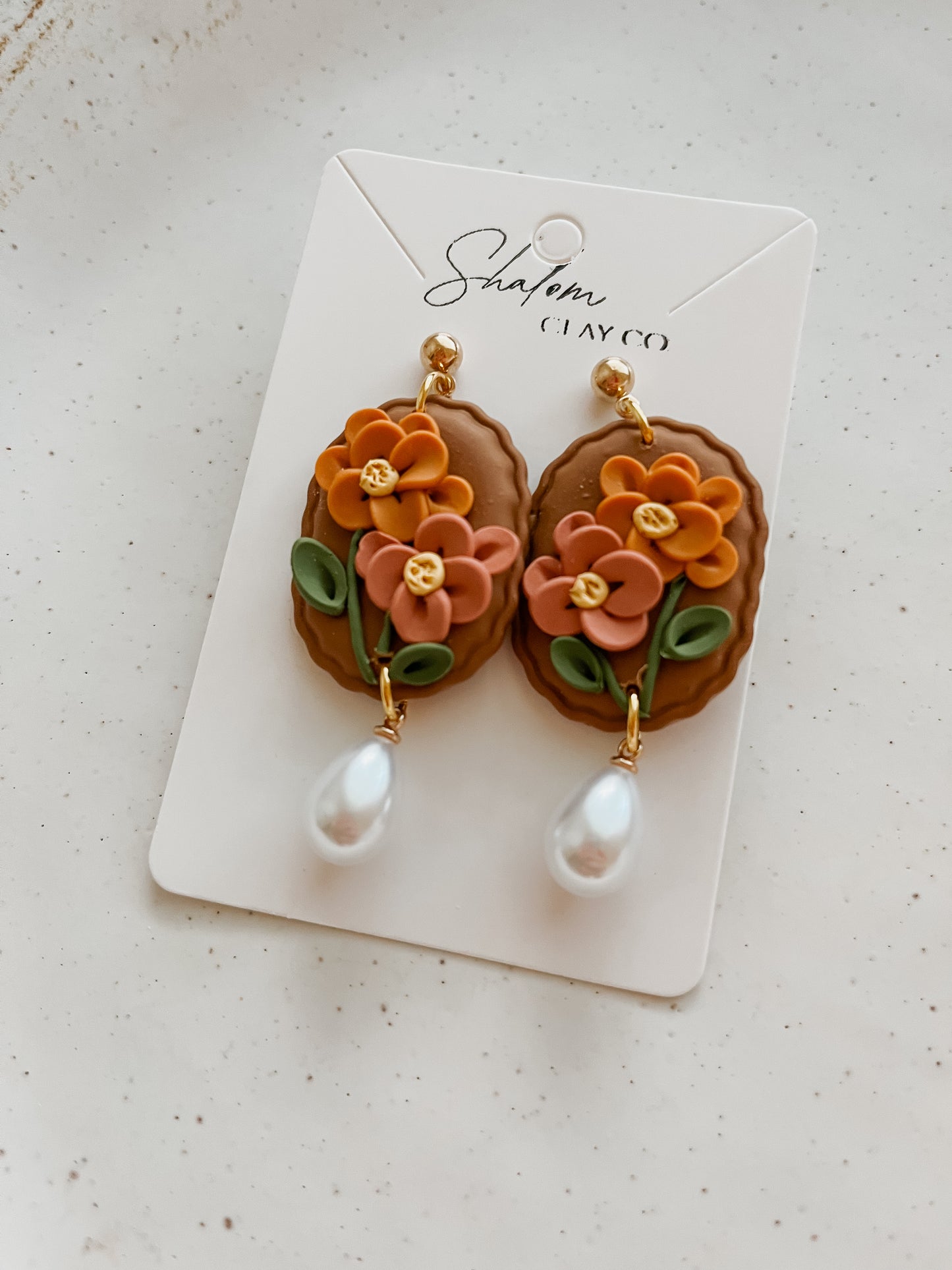 Sienna Autumn Floral Statement Earrings with Pearl Drop