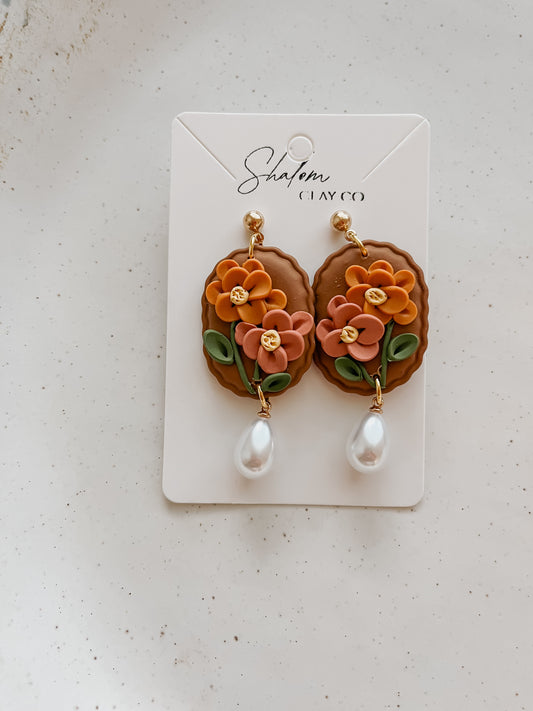 Sienna Autumn Floral Statement Earrings with Pearl Drop