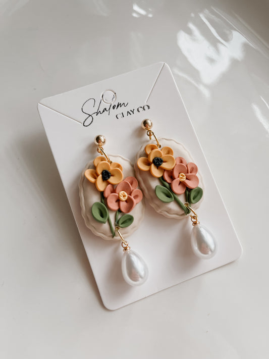 Autumn Floral Statement Dangles with Pearl Drop